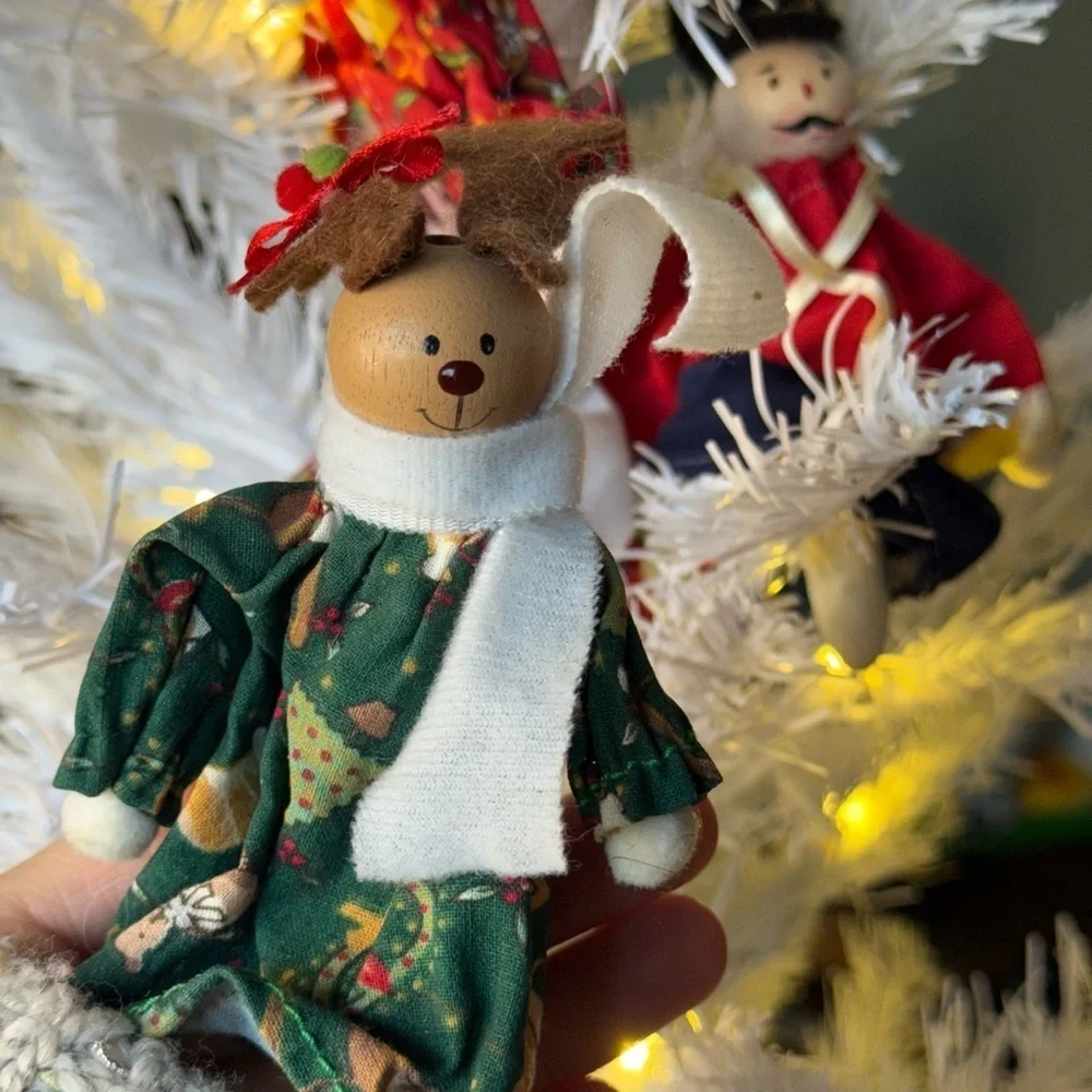 Vintage 1968 Festive Holiday Bear Nutcracker Wood Ornaments Clip Set